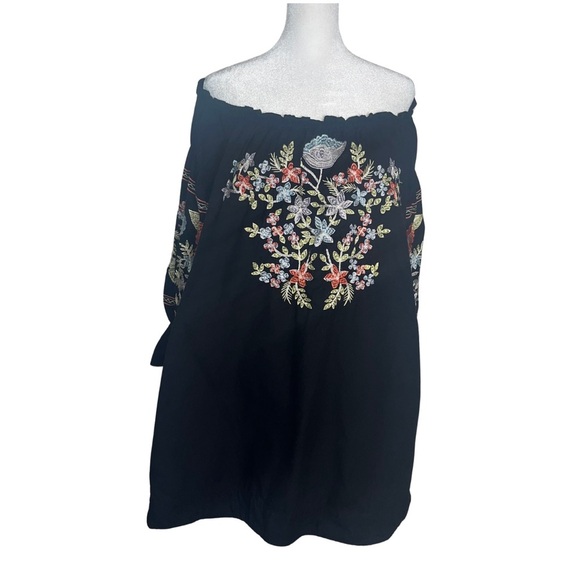 Free People Black Embroidered Off Shoulder Boho Mini Dress Tunic M - Picture 4 of 8